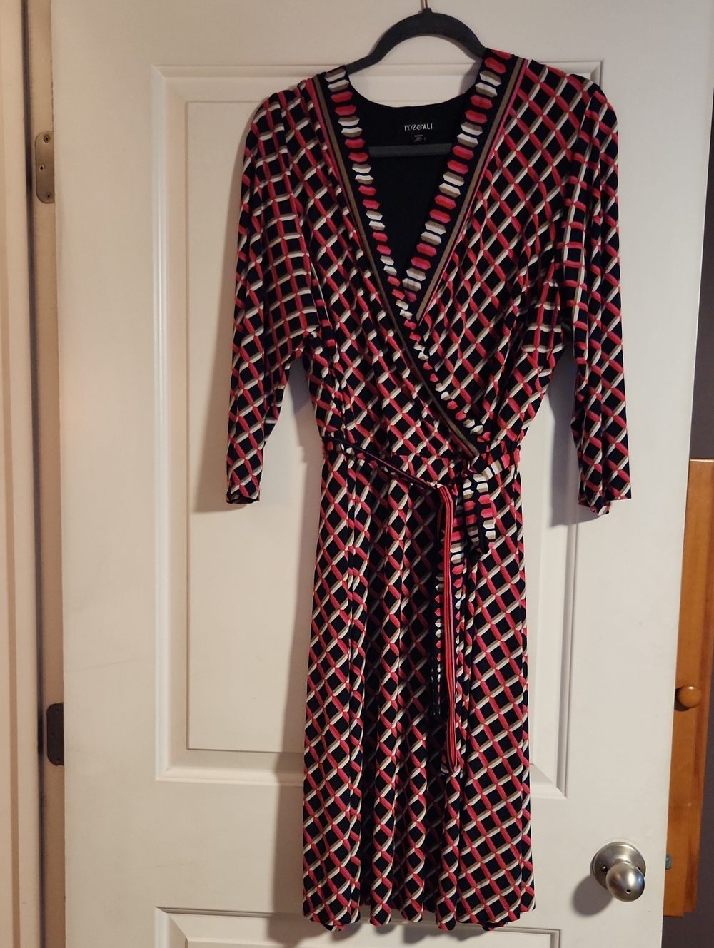 Roz & Ali Black Multicolor Geometric Wrap Dress
